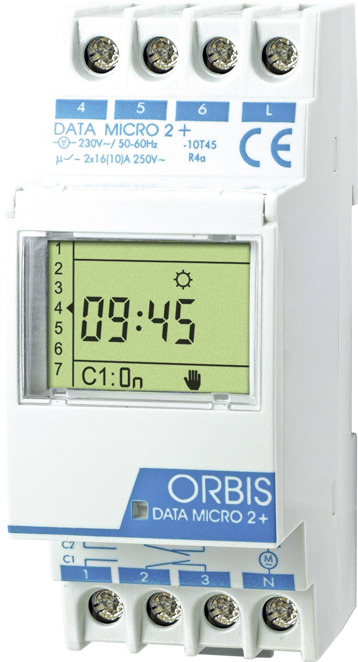 Elektronički vremenski prekidač s LCD zaslonom. Prikazuje vrijeme 09:45 i mod C1:on. Oznaka 'Orbis Data Micro 2+'.
