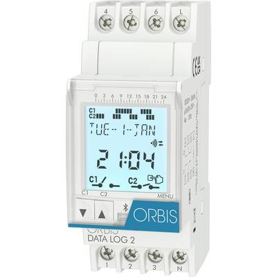 Digitalni DIN šinskiTimer prikazuje 'UTO 1-7 AN' i vrijeme 21:04, sa C1/C2 indikatorima stanja i ORBIS brendom.
