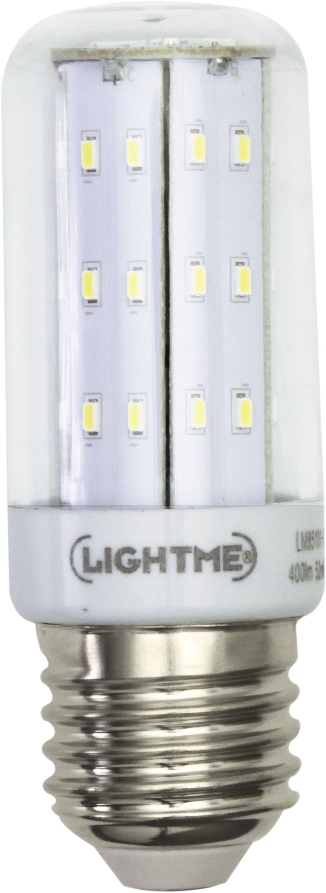 LED žarulja sa E27 grլom, prozirnog kućišta, sadrži nekoliko malih, svjetlećih LED čipova. Oznaka 'LIGHTME'.
