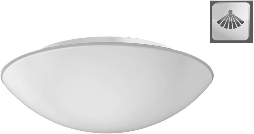 Sjenilo lampe u obliku školjke napravljeno od bijelog stakla, sa simboličkim logotipom lampe u gornjem desnom kutu.
