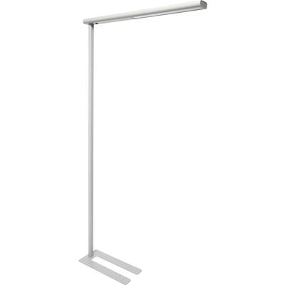Podna lampa s vitkim, modernim dizajnom, srebrne boje i pravokutne baze. Idealna za minimalistički uređene prostore.