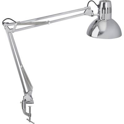 Srebrna stolna lampa s podesivom rukom i stezaljkom za učvršćivanje na rub stola.