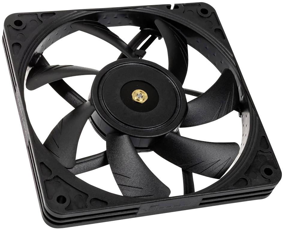 Crni računalni ventilator sa sedam krila i kvadratnim okvirom leži ravno. Koristi se za hlađenje elektroničkih uređaja.
