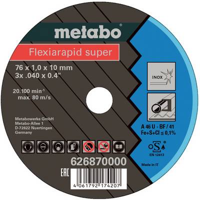 Metabo Flexiarapid super rezna ploča, 76 x 1.0 x 10 mm, za nehrđajući čelik, sa sigurnosnim simbolima, barkod, i broj proizvoda 626870000.
