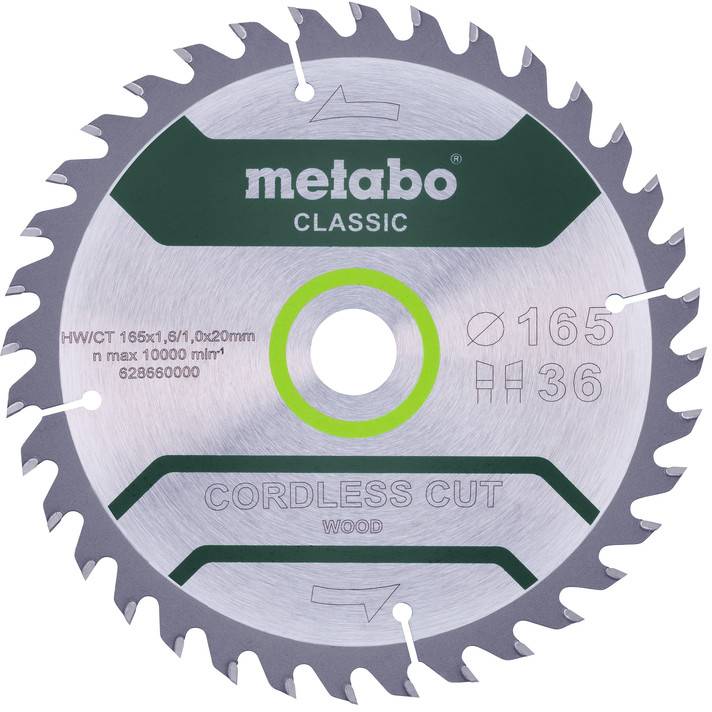 Metabo Classic bešumski rezač za kružnu pilu za rezanje drva, 165 mm, 36 zubaca, prikazan frontalno sa označajima proizvoda.