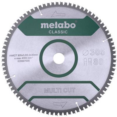 Metabo klasična multifunkcionalna pila sa kružnim listom označena sa '305' i '80', sa tehnički specifikacijama ispisanim na licu.