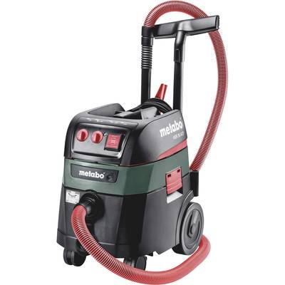 Industrijski usisavač Metabo s crvenom cijevi i ručkom, pogodan za primjenu na gradilištima i radionicama.