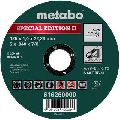 Metabo Special Edition II rezni disk natpis koji pokazuje veličinu 125 x 1.0 x 22.23 mm, uporaba za nehrđajući čelik, redni broj proizvoda 616260000.