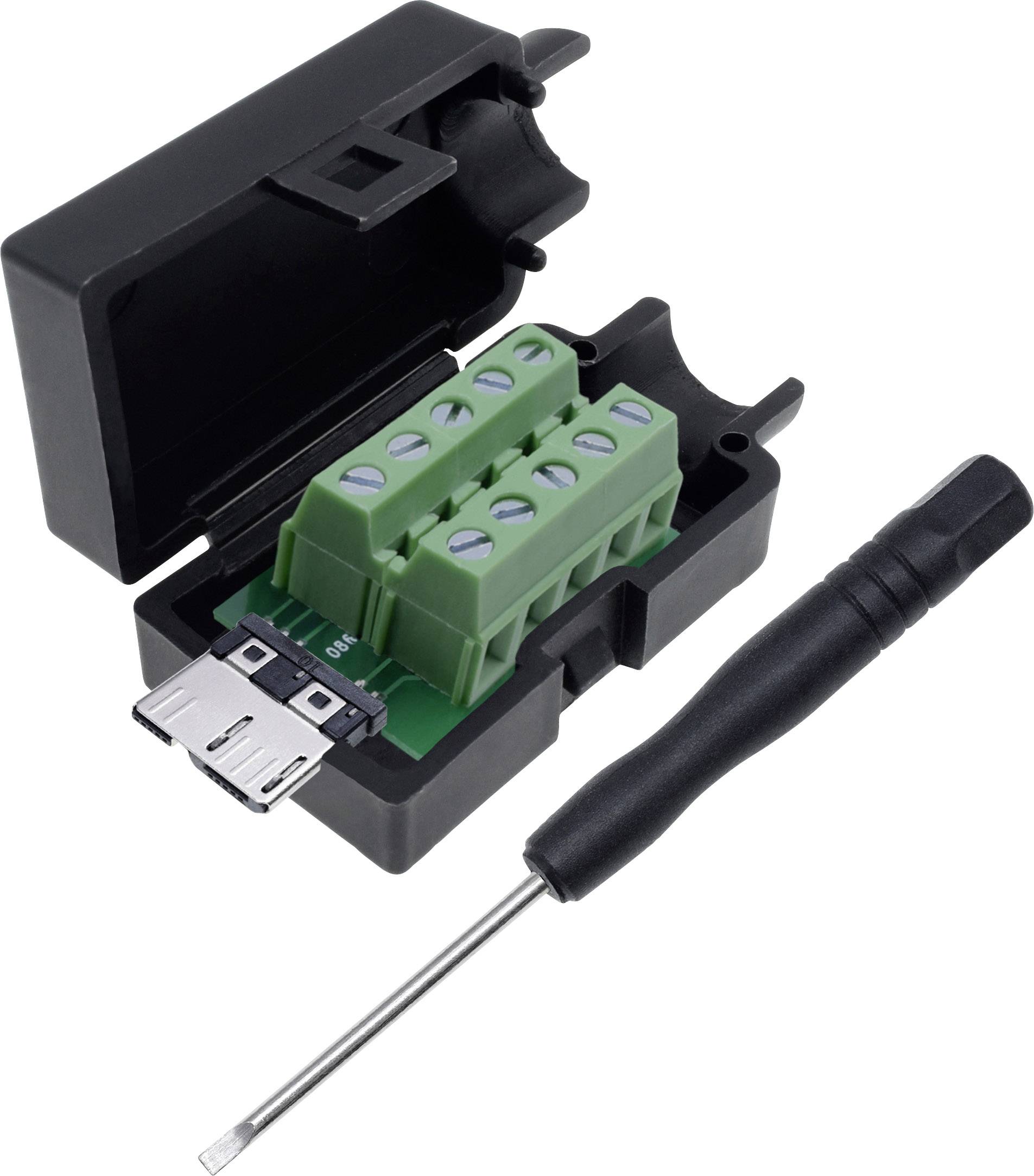 Otvoreno crno kućište s zelenim adapterom i miniaturiziranim odvijačem; pogodan za USB povezivanje.