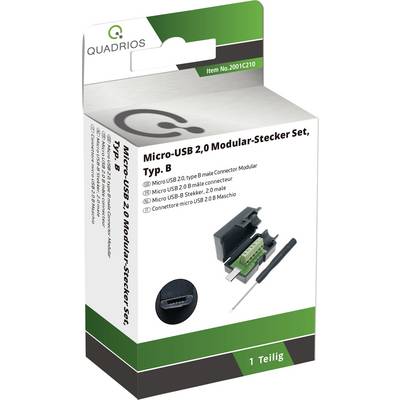 'Quadrio Micro-USB 2.0 Modularni utikač Set, Tip B' pakiranja sa prikazanim sadržajem: utikač, kabelski moduli i alat.