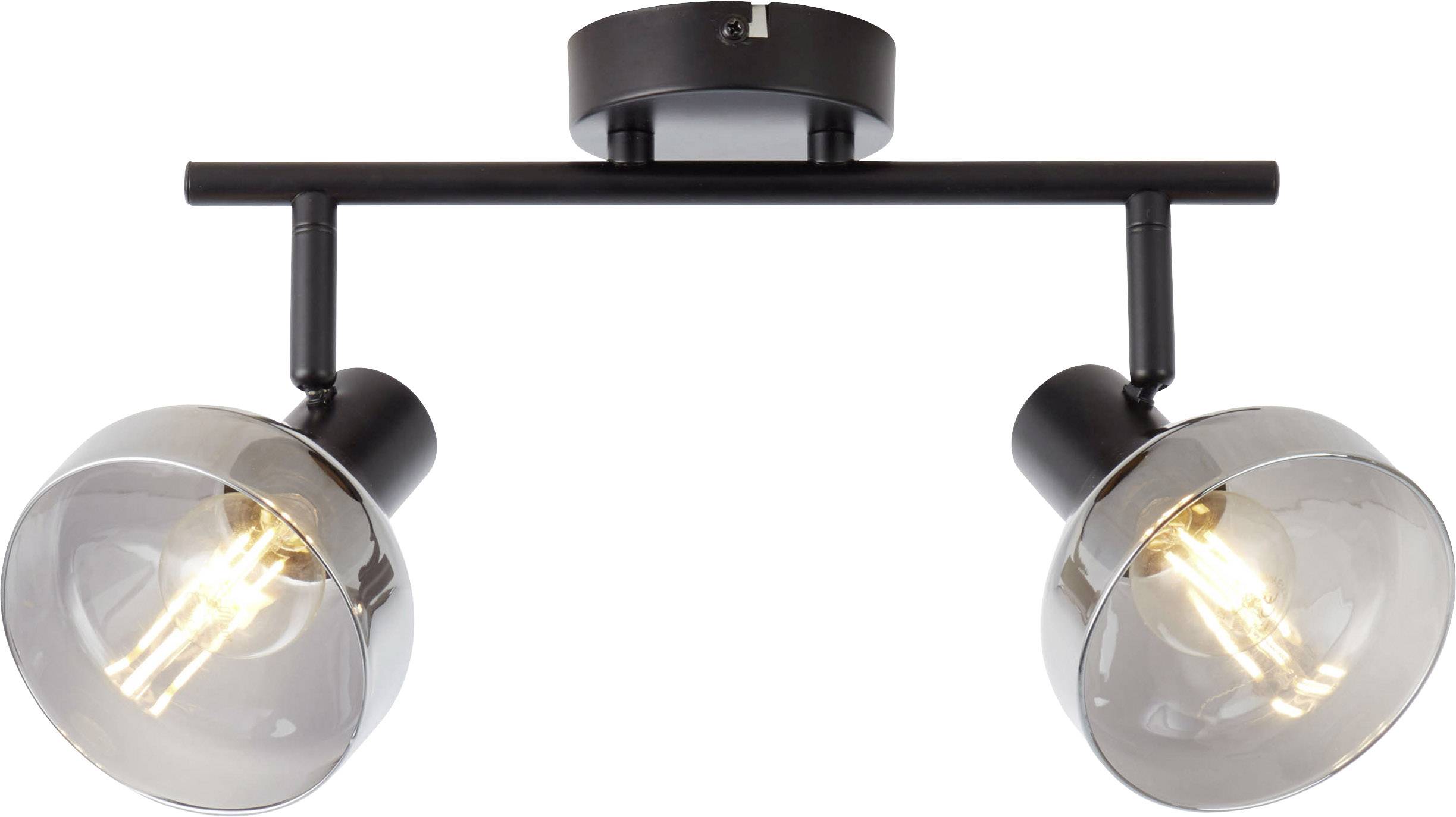 Stropna lampa s dva podesiva sjenila od staklastog materijala, pričvršćena na crnoj metalnoj šipki.