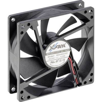 Crni ventilator za računalo u kvadratnom okviru, označen kao 'Brushless DC Fan', s tehničkim specifikacijama na naljepnici.