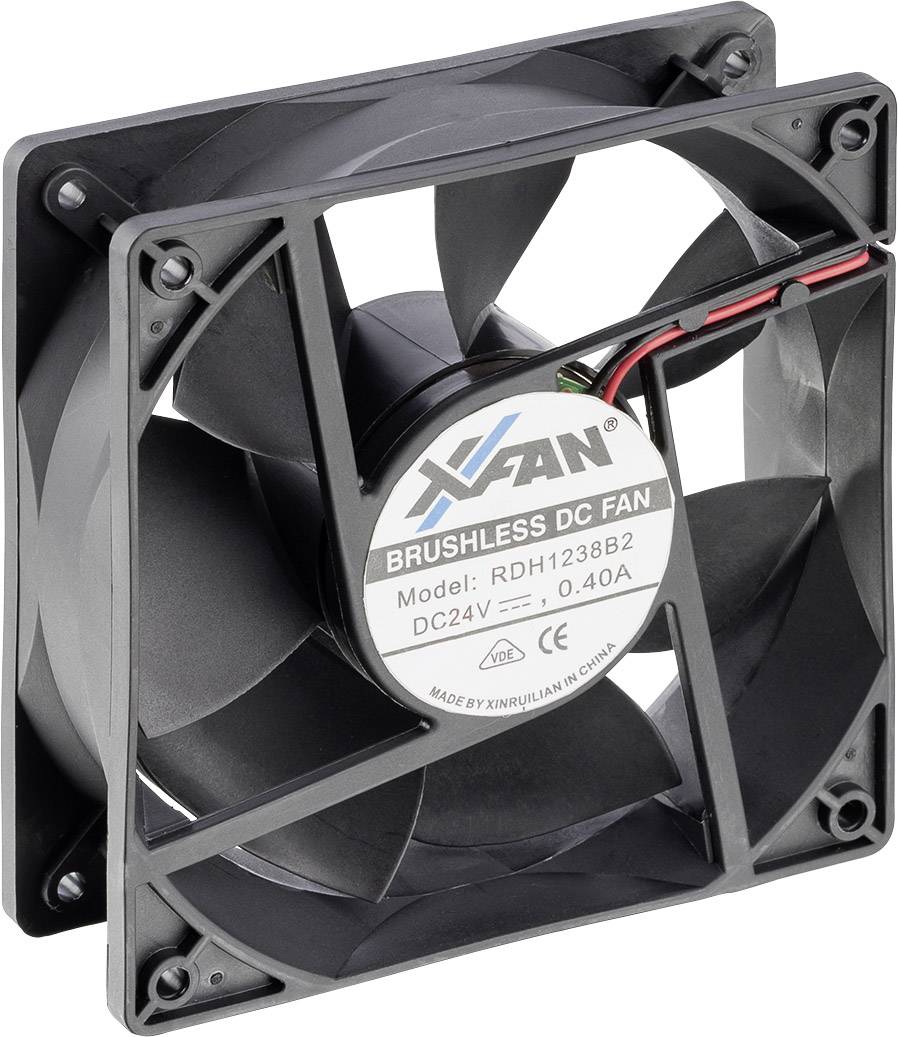 Crni, kvadratni ventilator s naljepnicom koja prikazuje 'BRUSHLESS DC FAN, Model: RDH1238B2, DC24V, 0.40A'.