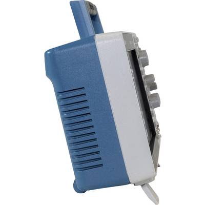 Prijenosni plavo-bijeli elektronički uređaj s nekoliko okretnih gumba i ventilacijskim otvorima sa strane.