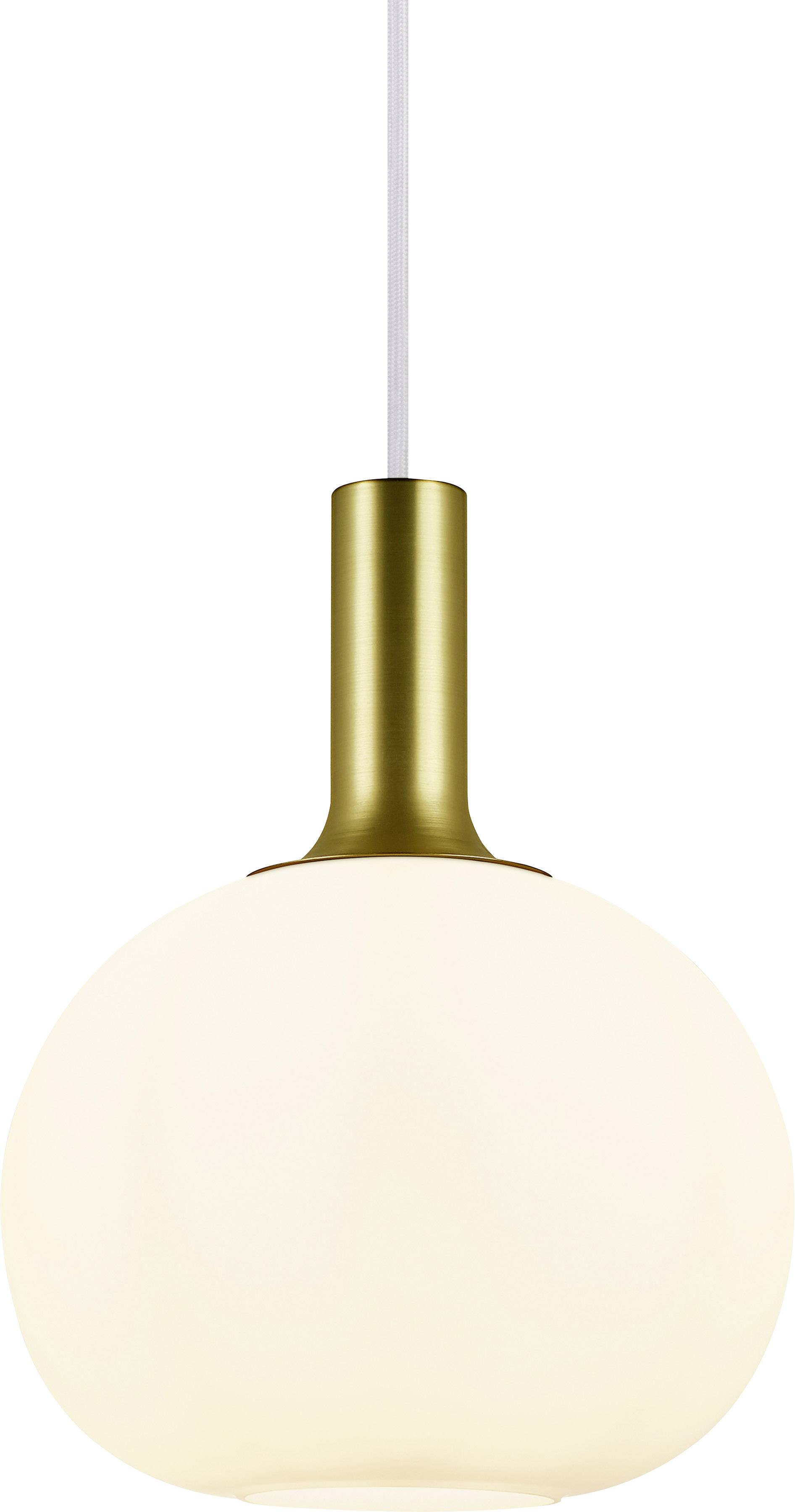 Viseća lampa s okruglom, bijelom staklenom kuglom i nosačem zlatne boje. Visi na kablu, jednostavnog i modernog dizajna.