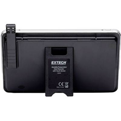 Crni Extech Temperature i Humidity Data Logger s zaslonom osjetljivim na dodir, pogled straga. Stalak je rasklopljen, model RHT20.