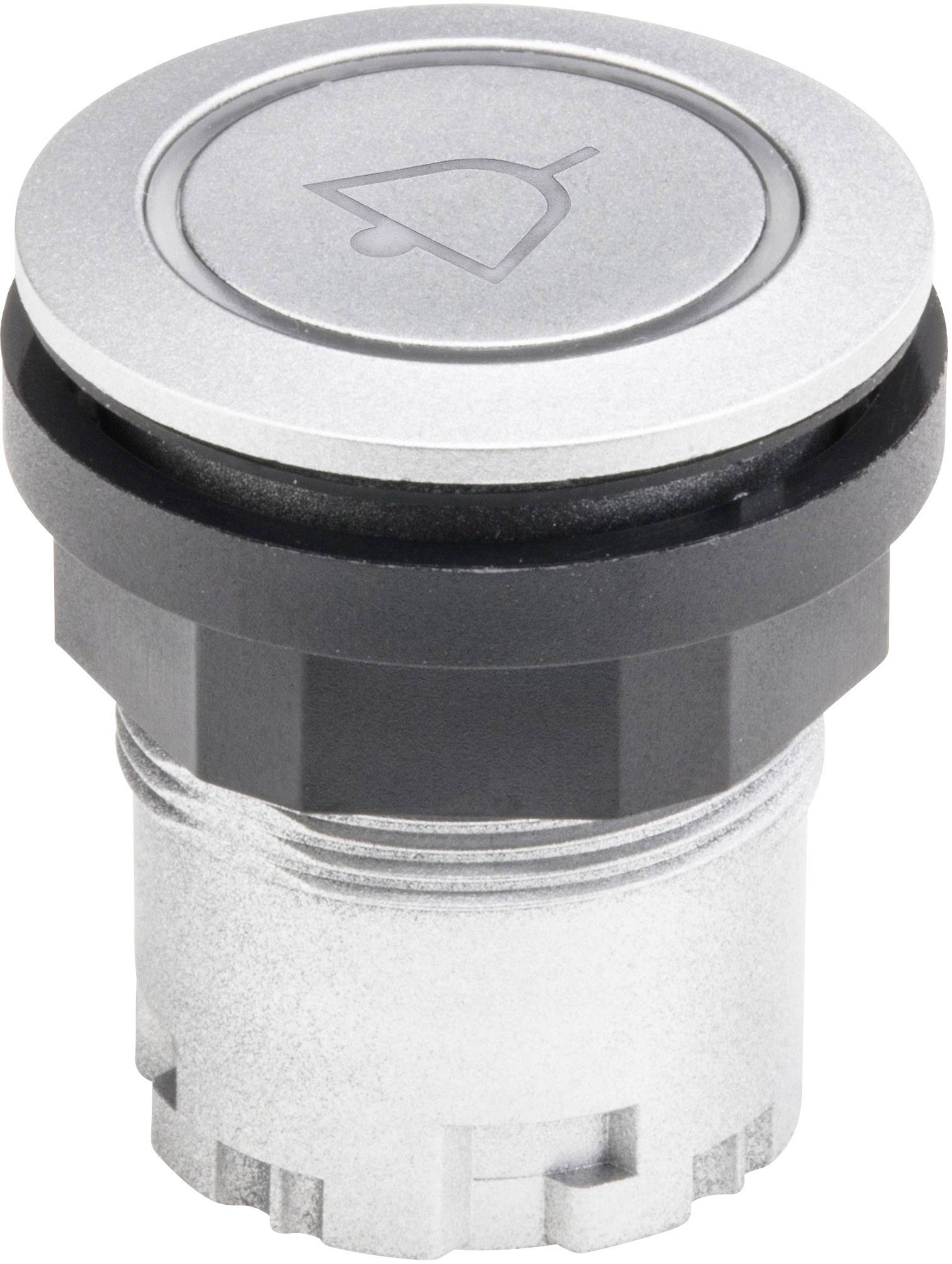 Slika srebrnog, cilindričnog gumba sa simbolom u sredini koji izgleda poput obrnутog slova 'V'.