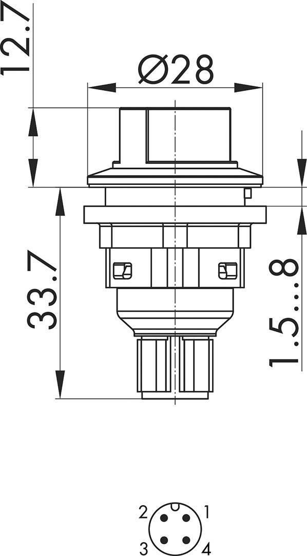 Tehnički nacrt kružnog prekidača promjera 28 mm i visine 33,7 mm, uključujući oznake priključaka.