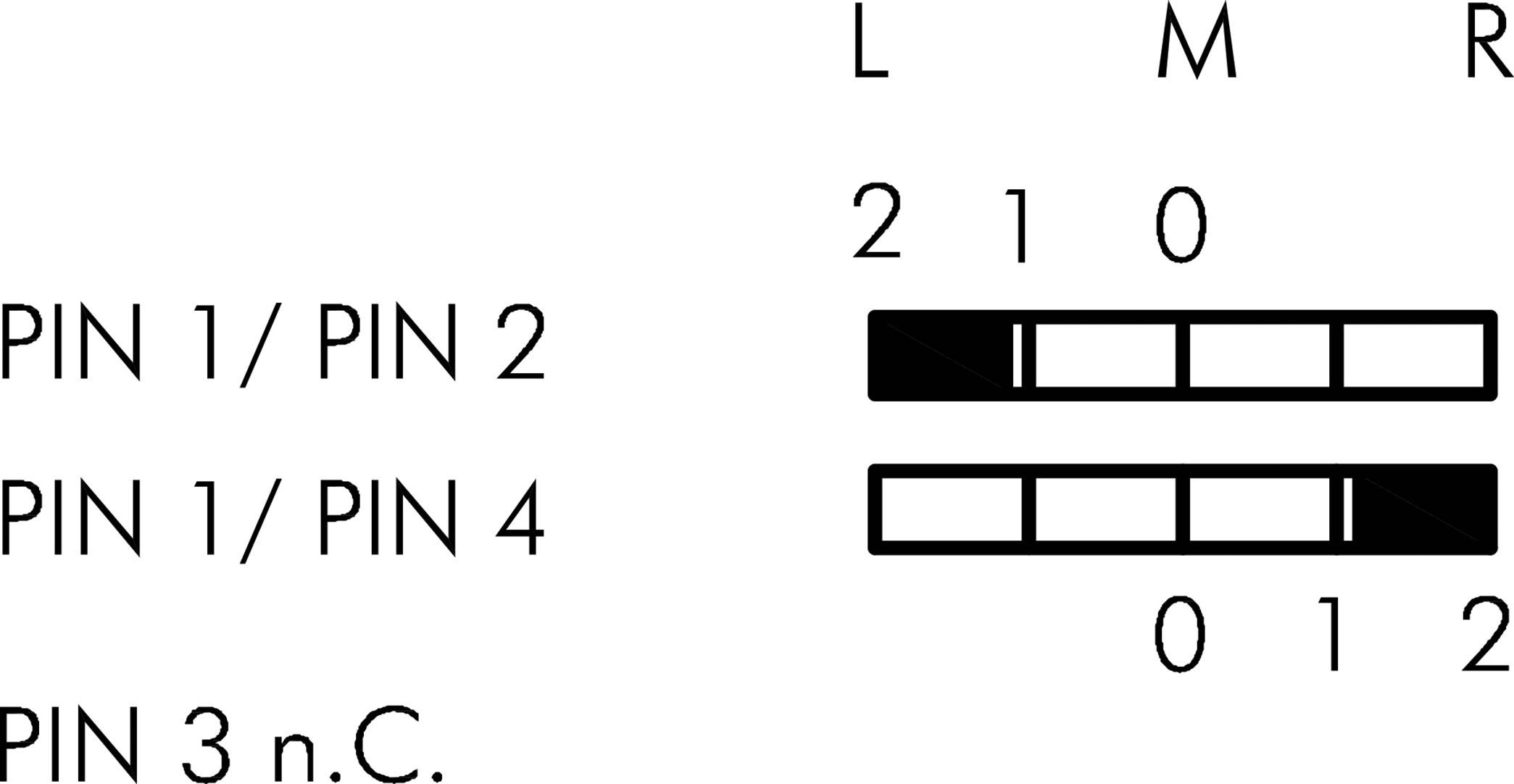 Dijagram prikazuje raspored pinova za audio utičnicu. Gore: 'L', 'M', 'R', Pin 2, 1, 0. Dolje prikazuje dvije sheme spajanja za PIN 1/2, PIN 1/4, PIN 3 n.C.