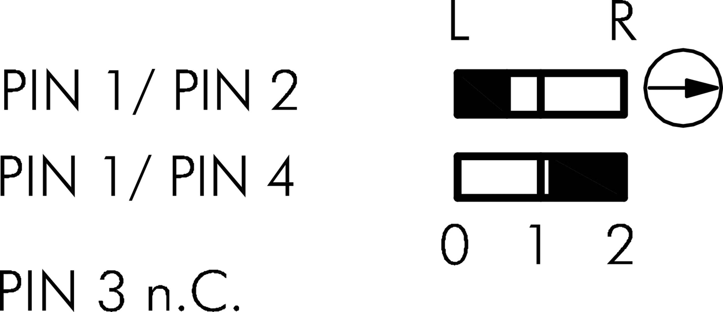 PIN-konfiguracija: Gore lijevo, PIN 1/2; Sredina lijevo, PIN 1/4; Dolje lijevo, PIN 3 neiskorišten. Desno: L i R označavaju kanale 0, 1, 2.