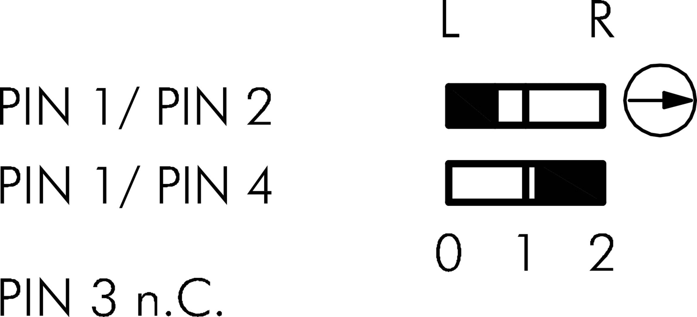 PIN 1/PIN 2, PIN 1/PIN 4, PIN 3 n.C., dijagram s klizačima, oznake 'L', 'R', brojevi '0', '1', '2'.