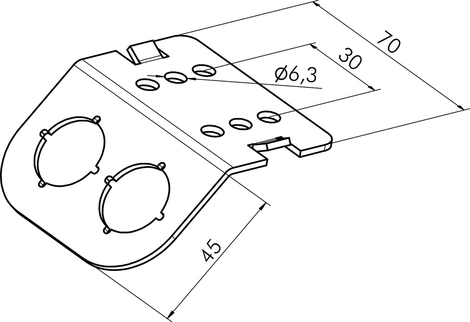 Tehnički nacrt dijela s nekoliko provrta, dva velika kružna izreza i dimenzijama 70 x 45 mm.