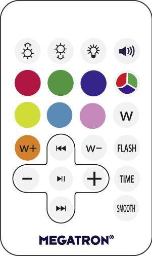 Daljinski upravljač s tipkama za intenzitet osvjetljenja, boje, glasnoću i modove poput 'FLASH', 'TIME' i 'SMOOTH'. Logo na dnu: 'MEGATRON'.