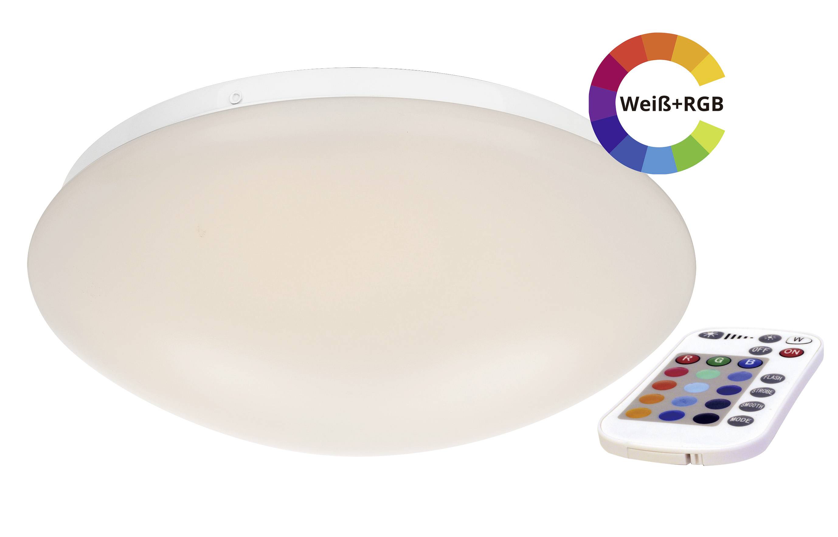 Okrugla stropna lampa s daljinskim upravljačem, prikazuje opcije boja 'Bijelo+RGB'.