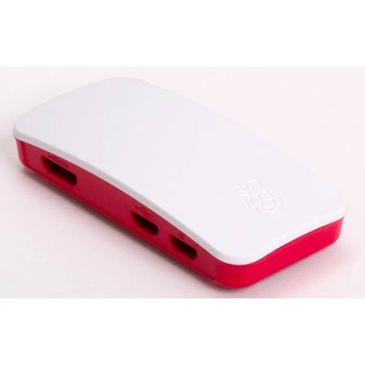Raspberry Pi kućište u crvenoj i bijeloj boji, s vidljivim priključcima, leži na svijetloj površini.