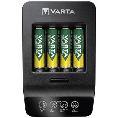 Punjač baterija s četiri umetnutim VARTA akumulatorima. LED indikator prikazuje podatke o punjenju poput napona i preostalo vrijeme punjenja.