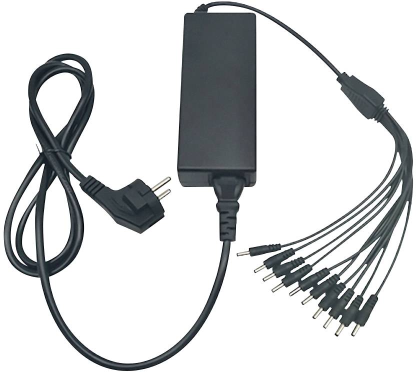 Crni univerzalni napajač s više priključnih utičnica. Pogodan za različite elektroničke uređaje.
