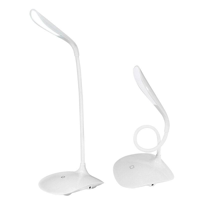 Bijela LED stolna lampa u dva prikaza: jednom savinuta i jednom ravna. Vitkog, modernog dizajna s dodirnom kontrolnom pločicom.