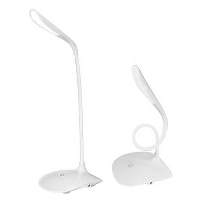 Bijela LED stolna lampa u dva prikaza: jednom savinuta i jednom ravna. Vitkog, modernog dizajna s dodirnom kontrolnom pločicom.