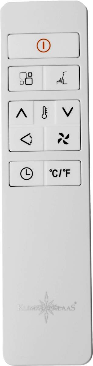 Daljinski upravljač sa simbolima za Uključeno/Isključeno, Temperaturu, Ventilator, Tajmer, Celzij/Fahrenheit i druge funkcije.