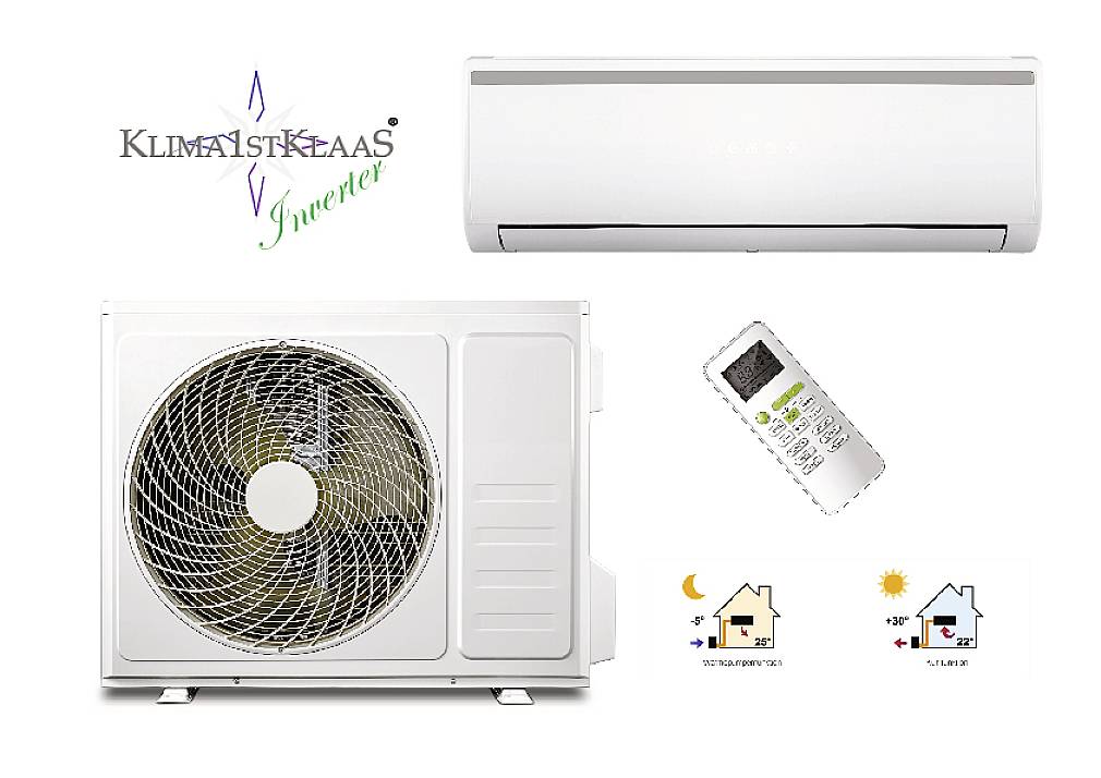 Klimatizacijski set koji se sastoji od zidne jedinice, vanjske jedinice i daljinskog upravljača s prikazom opcija regulacije temperature.