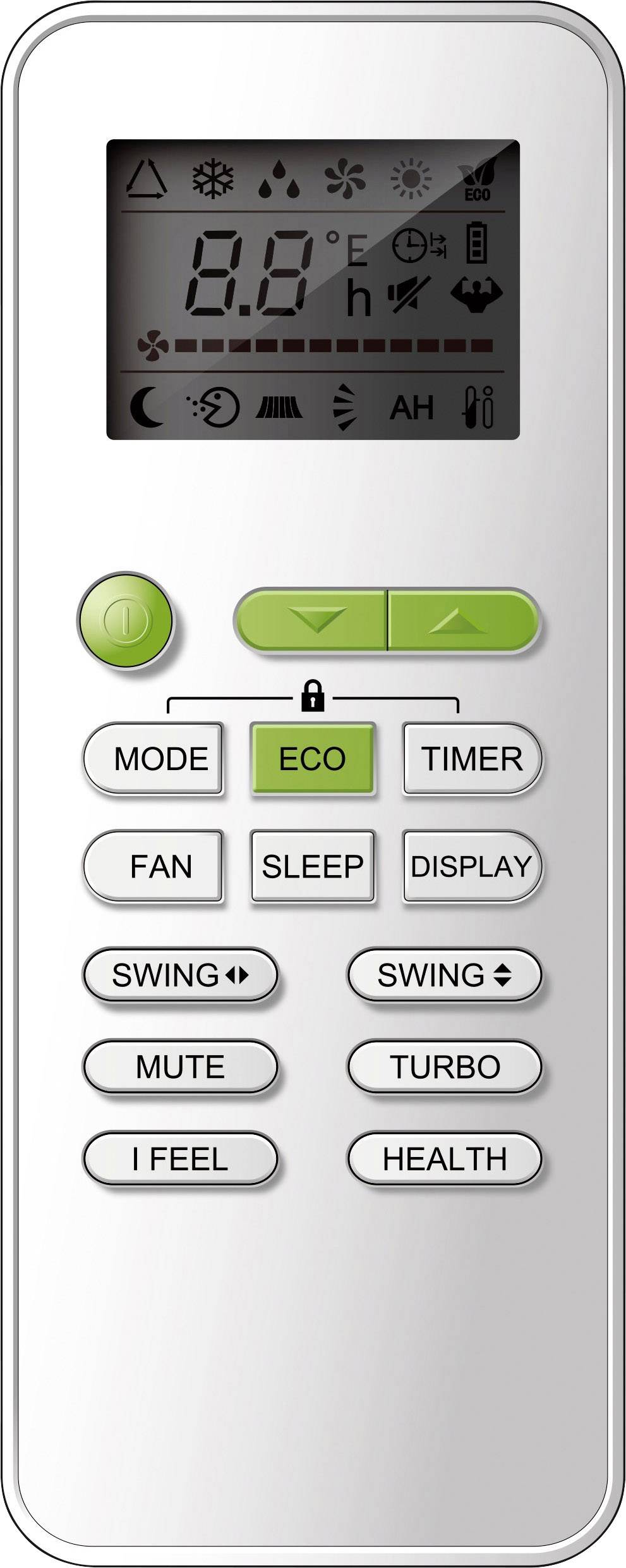 Daljinski upravljač klimatizacijom s prikazom za prikaz temperature i simbolima. Zelena 'ECO' tipka u sredini, okružena funkcijskim tipkama.