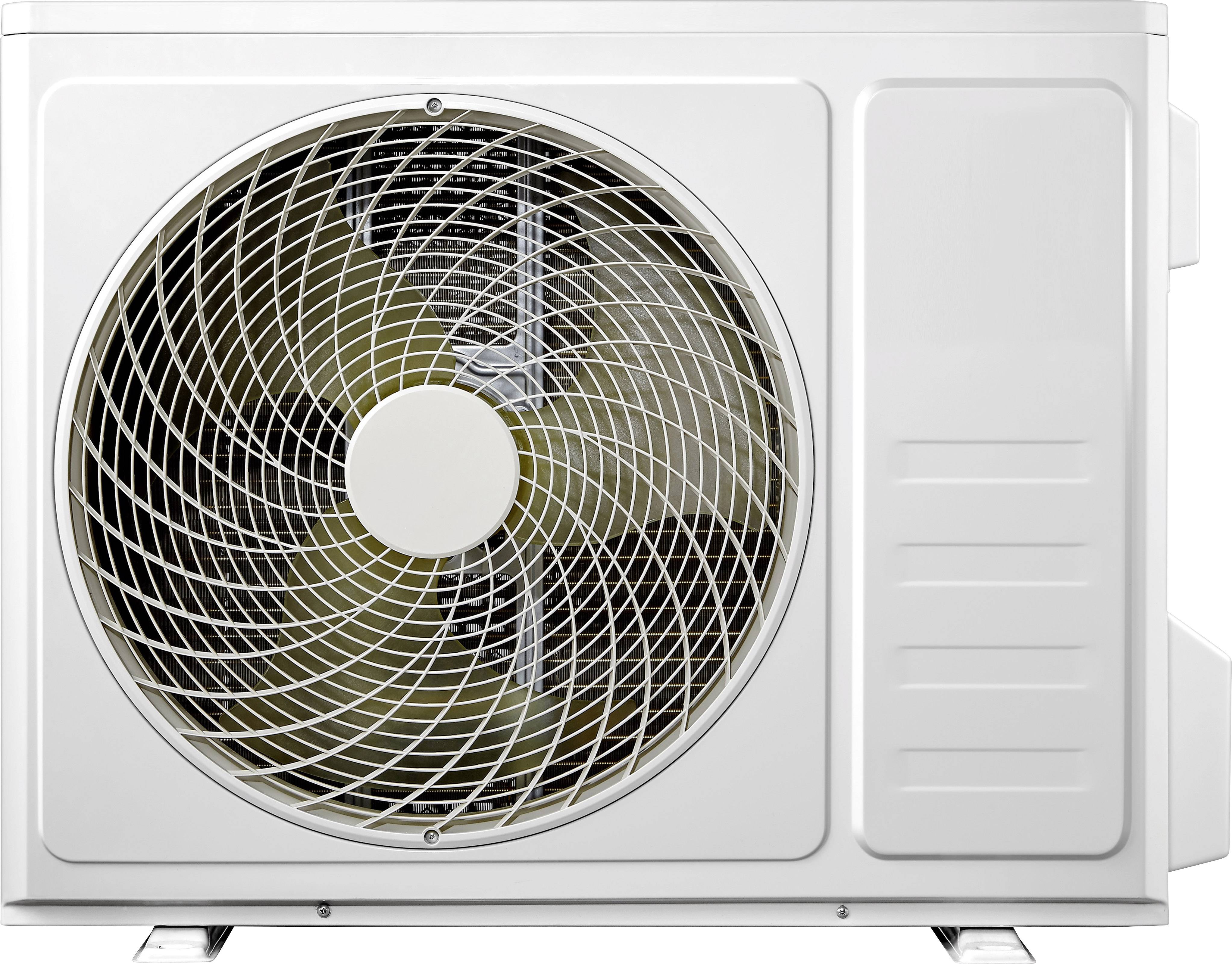 Klima uređaj s velikim ventilatorom na prednjoj strani, okružen bijelim kućištem.