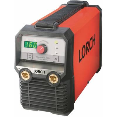 Crveni prijenosni inverterski zavarivač marke Lorch, model 'MicorStick 160', s digitalnim zaslonom i okretnim gumbom za podešavanje.