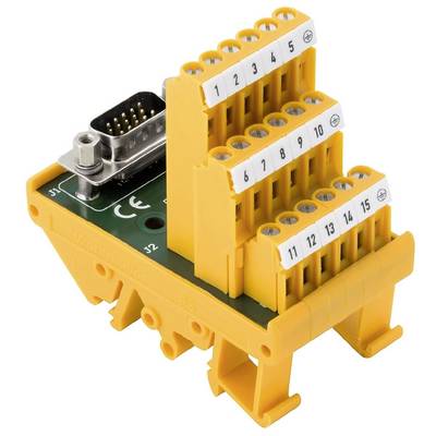 Elektronički adapter utičnice: Žut, s više numeriranih priključaka i metalnim utikačem lijevo, na zelenoj tisknoj pločici.