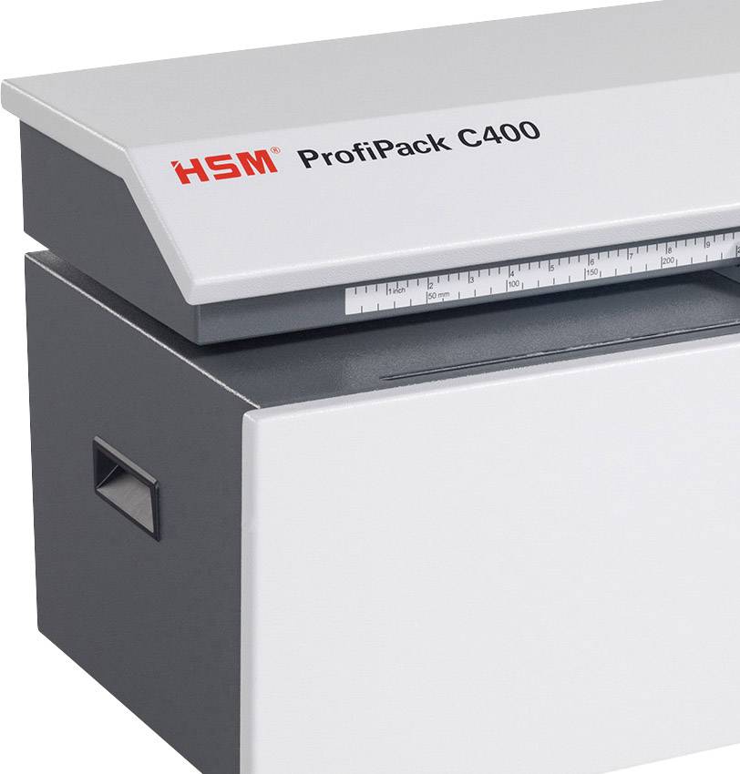 Uređaj za usitnjavanje papira 'HSM ProfiPack C400' u bliskom kadru, prikazuje gornji poklopac i bočnu ručku.
