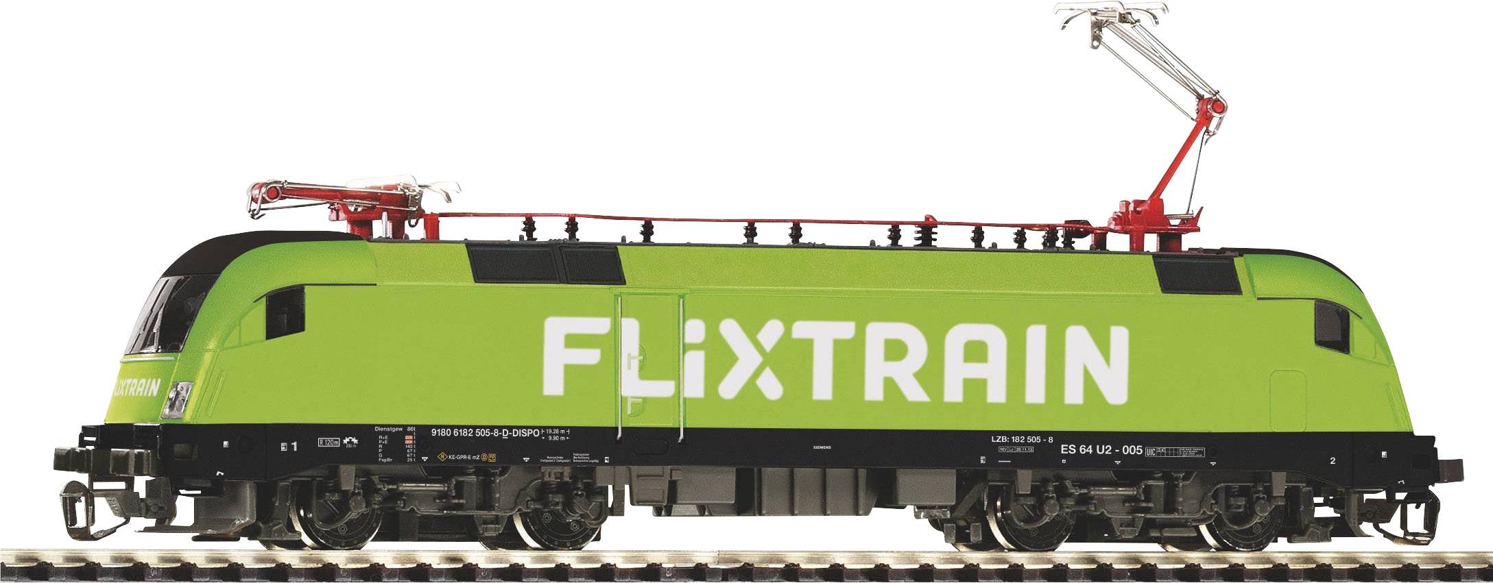 Zelena lokomotiva marke 'FlixTrain' vozi preko tračnica, podignuti strujni uzimač.