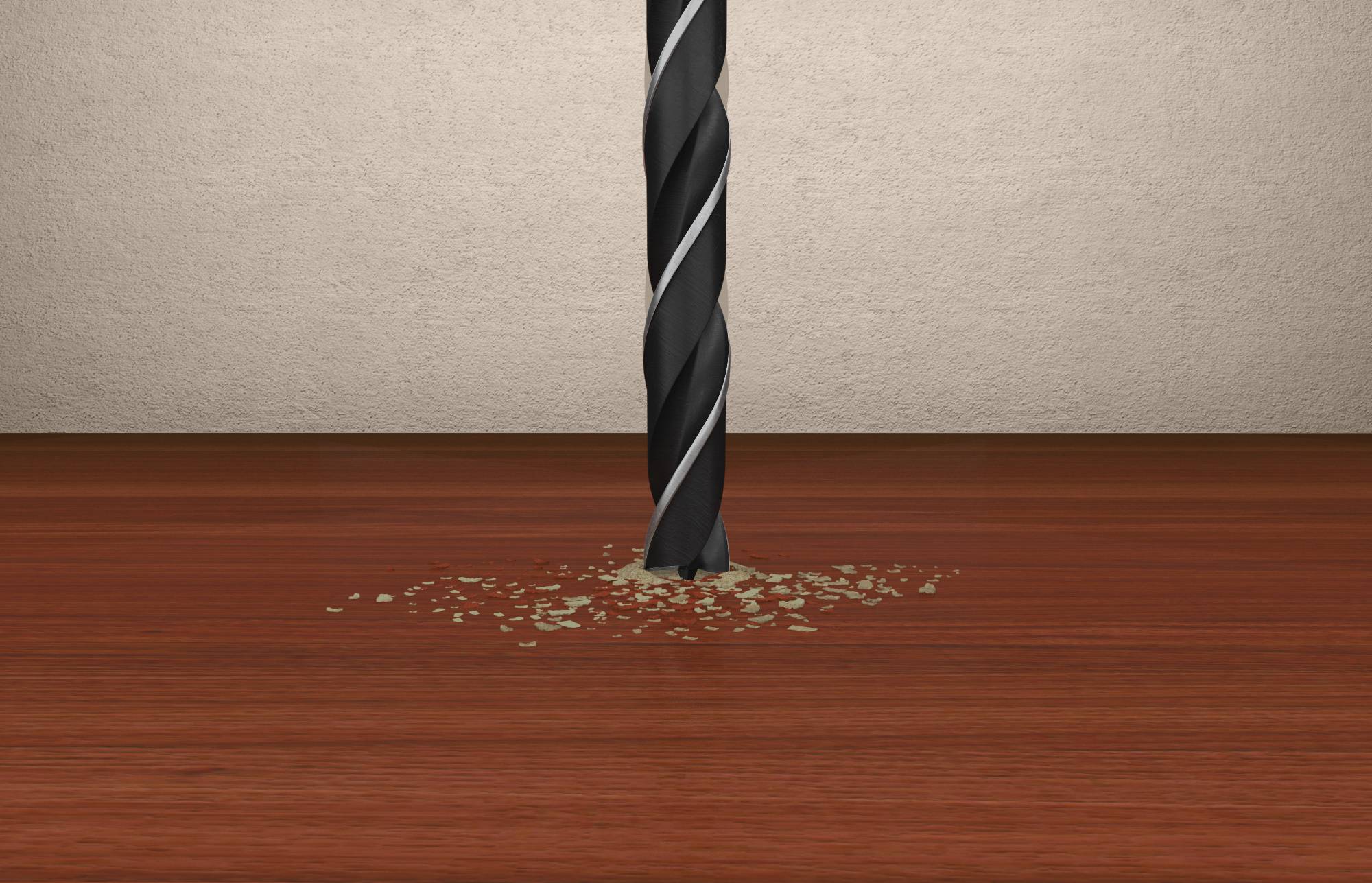 Svrdlo busi u drvenu površinu, sa piljevinom rasippanom oko rupe.