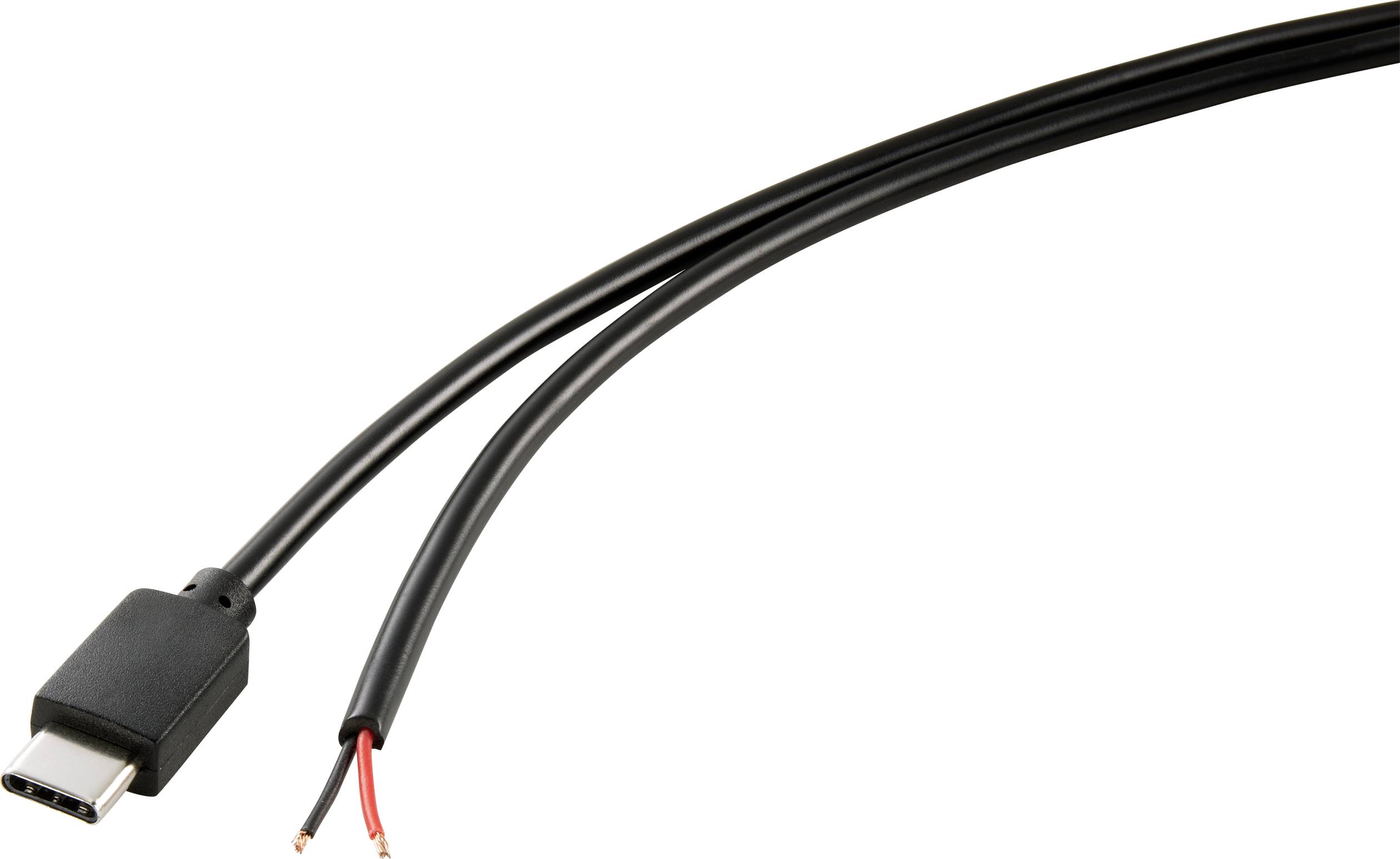 USB-C kabel s netaknutim utikačem na jednoj strani i ogolinima kabelskim krajevima na drugoj strani.