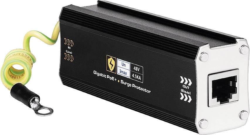 Uređaj za zaštitu od prenapona Gigabit PoE++ s RJ45 ulazom i uzemljujućim kabelom, maksimalni napon 48V, maksimalna struja 4,5KA.