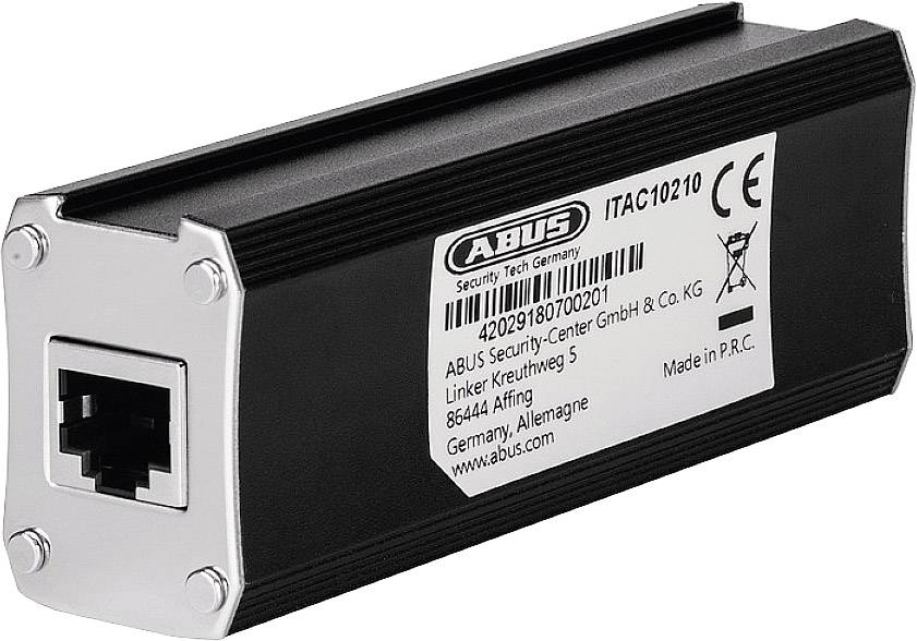 Pravokutni uređaj s Ethernet priključkom, naljepnica prikazuje serijski broj, detalje proizvođača; izrađen od ABUS-a u Njemačkoj.
