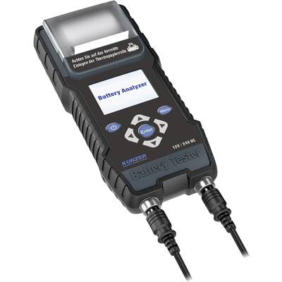Analizator baterija s digitalnim zaslonom i upravljačkim elementima. Natpis: 'Battery Analyzer', priključci za testiranje baterija.
