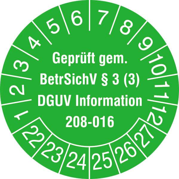 SafetyMarking 30.C2170_22-27 inspekcijska naljepnica Geprüft gem. BetrSichV §3 (3), DGUV Information 208-016 2022-2027 zelena samoljepljiva folija (Ø) 3 cm 3 cm 15 St.
