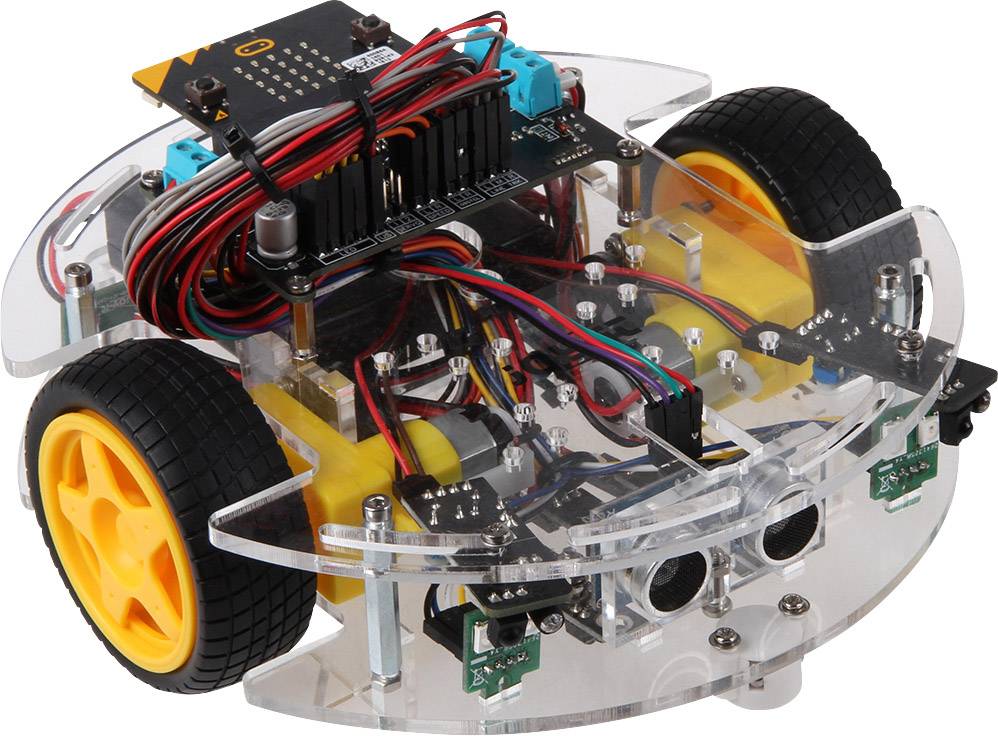 Mali, okrugli robot s žutim kotačima i vidljivim elektroničkim komponentama. Razvijen za jednostavno programiranje i robotičke eksperimente.