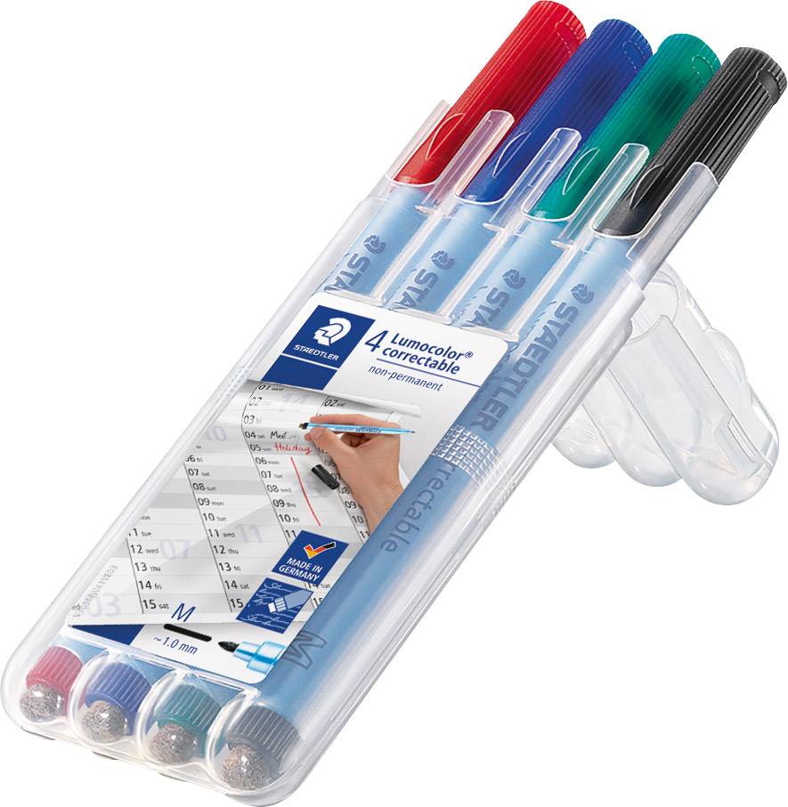 Paket od četiri brisiva Lumocolor markera u crvenim, plavim, zelenim i crnim bojama, svaki sa fine vrhom.