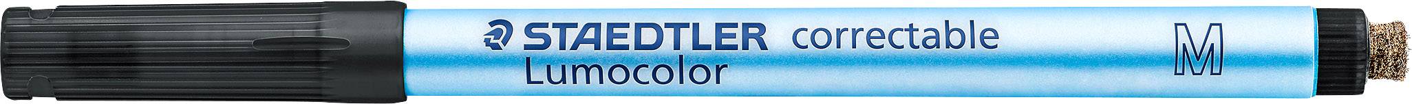 Kemijska olovka s plavim kućištem, označena natpisom 'STAEDTLER correctable Lumocolor M'.
